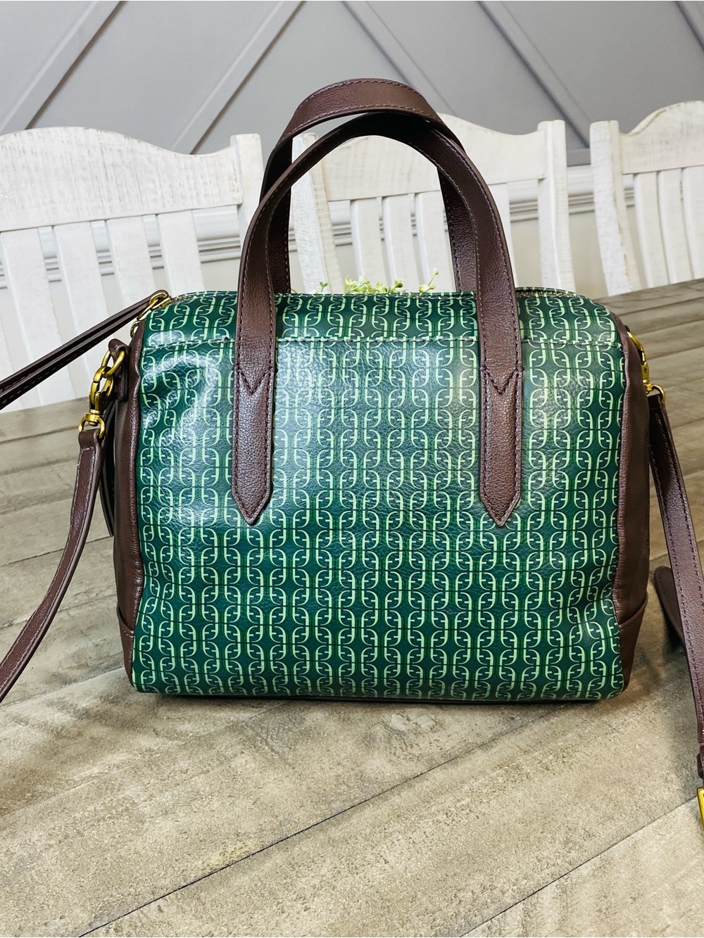 Fossil Sydney Satchel Bag Green Eco-Leather Monogram Geometric Pattern Crossbody